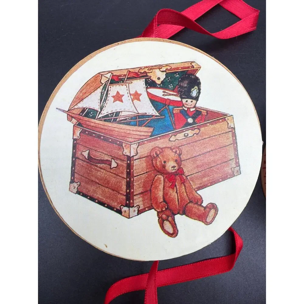 Vintage Teddy Bear Wooden Box Christmas Ornaments Set 4 Toyland Music 3”